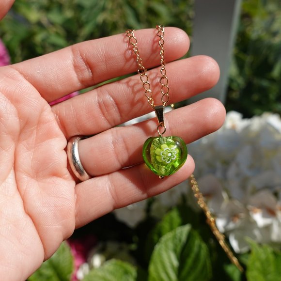 Green heart lampwork pendant gold chain non tarnish jewelry waterproof necklace - Picture 5 of 5